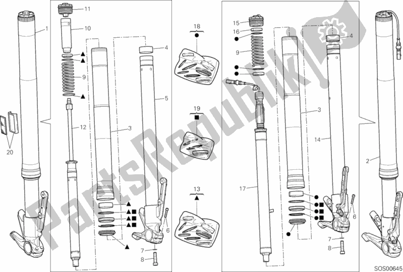 All parts for the Front Fork of the Ducati Multistrada 1200 S ABS 2015